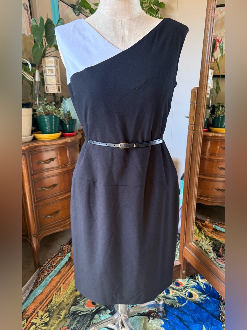 Calvin Klein Black white Sheath Dress, belted, size 12